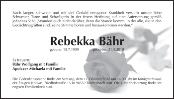 Traueranzeige von Rebekka Bähr von Pegnitz-Zeitung