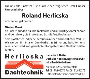 Traueranzeige von Roland Herlicska von Hersbrucker Zeitung