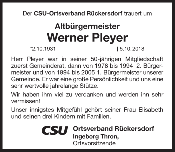 Traueranzeige von Werner Pleyer von Pegnitz-Zeitung