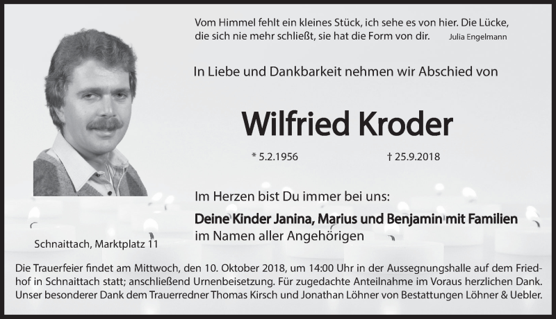  Traueranzeige für Wilfried Kroder vom 06.10.2018 aus Pegnitz-Zeitung