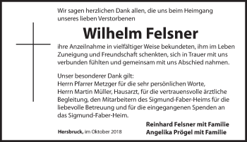 Traueranzeige von Wilhelm Felsner von Hersbrucker Zeitung