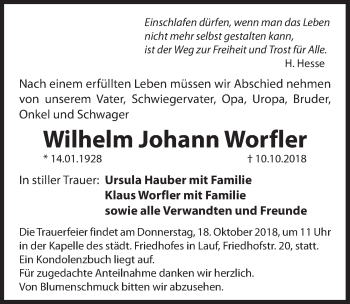 Traueranzeige von Wilhelm Johann Worfler von Hersbrucker Zeitung