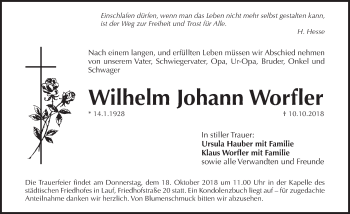 Traueranzeige von Wilhelm Johann Worfler von Pegnitz-Zeitung