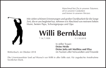 Traueranzeige von Willi Bernklau von Pegnitz-Zeitung