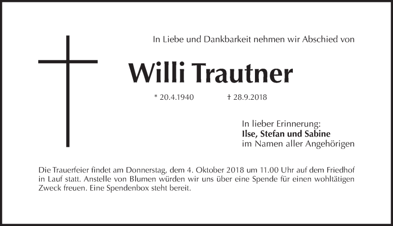  Traueranzeige für Willi Trautner vom 02.10.2018 aus Pegnitz-Zeitung