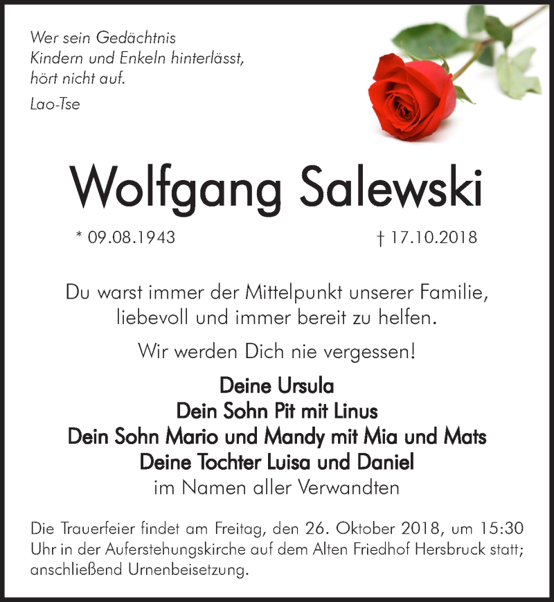  Traueranzeige für Wolfgang Salewski vom 20.10.2018 aus Hersbrucker Zeitung