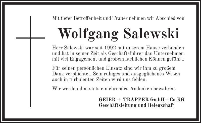  Traueranzeige für Wolfgang Salewski vom 23.10.2018 aus Pegnitz-Zeitung