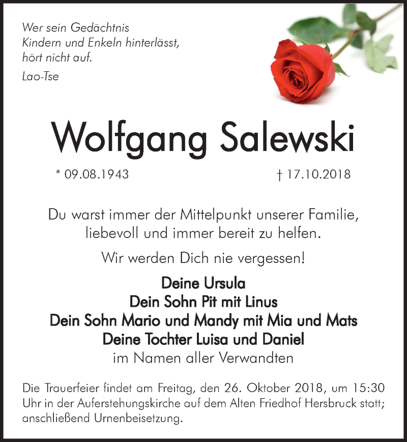  Traueranzeige für Wolfgang Salewski vom 20.10.2018 aus Pegnitz-Zeitung