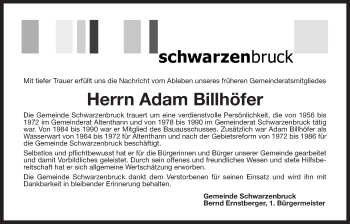 Traueranzeige von Adam Billhöfer von Der Bote