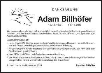 Traueranzeige von Adam Billhöfer von Der Bote