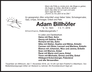 Traueranzeige von Adam Billhöfer von Der Bote