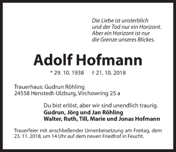 Traueranzeige von Adolf Hofmann von Der Bote