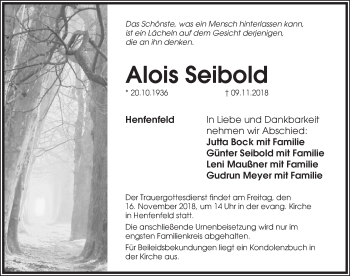 Traueranzeige von Alois Seibold von Hersbrucker Zeitung