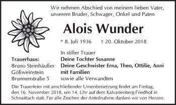 Traueranzeige von Alois Wunder von Pegnitz-Zeitung