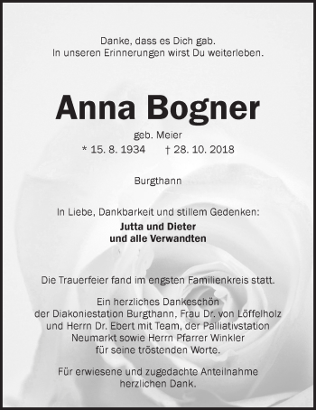 Traueranzeige von Anna Bogner von Der Bote
