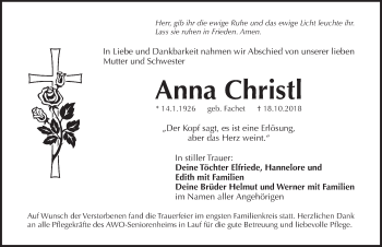 Traueranzeige von Anna Christl von Pegnitz-Zeitung