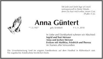 Traueranzeige von Anna Güntert von Pegnitz-Zeitung