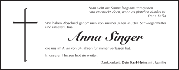 Traueranzeige von Anna Singer von Pegnitz-Zeitung