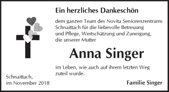 Traueranzeige von Anna Singer von Pegnitz-Zeitung