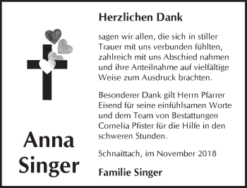 Traueranzeige von Anna Singer von Pegnitz-Zeitung