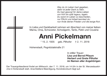 Traueranzeige von Anni Pickelmann von Hersbrucker Zeitung