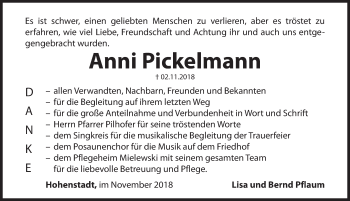 Traueranzeige von Anni Pickelmann von Hersbrucker Zeitung