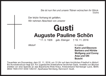 Traueranzeige von Auguste Pauline Schön von Der Bote