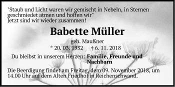 Traueranzeige von Babette Müller von Hersbrucker Zeitung