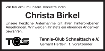 Traueranzeige von Christa Birkel von Pegnitz-Zeitung