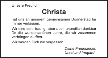 Traueranzeige von Christa Birkel von Pegnitz-Zeitung