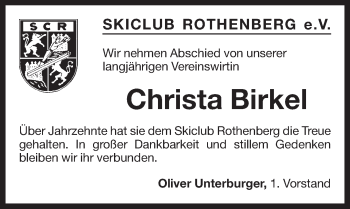 Traueranzeige von Christa Birkel von Pegnitz-Zeitung