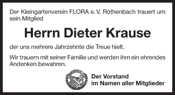 Traueranzeige von Dieter Krause von Pegnitz-Zeitung