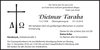 Traueranzeige von Dietmar Taraba von Hersbrucker Zeitung