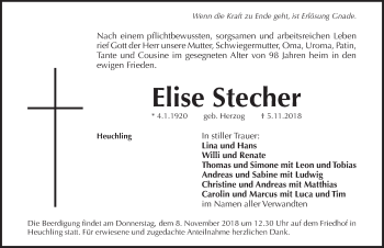 Traueranzeige von Elise Stecher von Pegnitz-Zeitung
