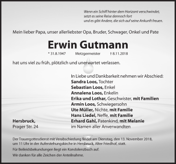 Traueranzeige von Erwin Gutmann von Hersbrucker Zeitung