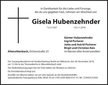 Traueranzeige von Gisela Hubenzehnder von Hersbrucker Zeitung