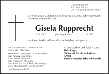 Traueranzeige von Gisela Rupprecht von Pegnitz-Zeitung