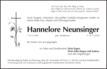 Traueranzeige von Hannelore Neunsinger von Pegnitz-Zeitung