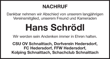 Traueranzeige von Hans Schrödl von Pegnitz-Zeitung