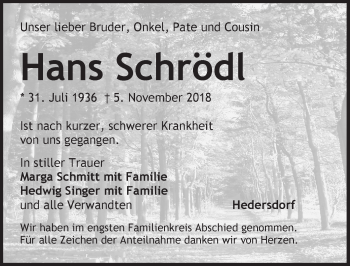 Traueranzeige von Hans Schrödl von Pegnitz-Zeitung