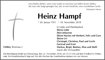 Traueranzeige von Heinz Hampf von Hersbrucker Zeitung