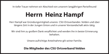 Traueranzeige von Heinz Hampf von Hersbrucker Zeitung