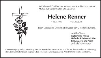 Traueranzeige von Helene Renner von Pegnitz-Zeitung