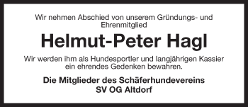 Traueranzeige von Helmut-Peter Hagl von Der Bote