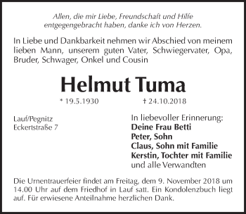 Traueranzeige von Helmut Tuma von Pegnitz-Zeitung