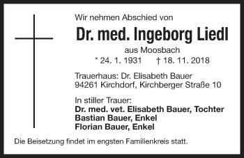 Traueranzeige von Ingeborg Liedl von Der Bote