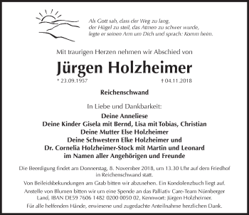 Traueranzeige von Jürgen Holzheimer von Hersbrucker Zeitung