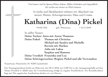 Traueranzeige von Katharina  Pickel von Hersbrucker Zeitung
