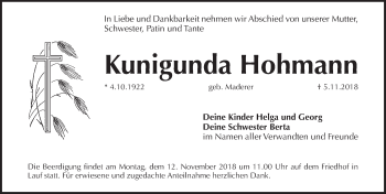 Traueranzeige von Kunigunda Hohmann von Pegnitz-Zeitung