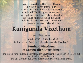 Traueranzeige von Kunigunda Vizethum von Hersbrucker Zeitung